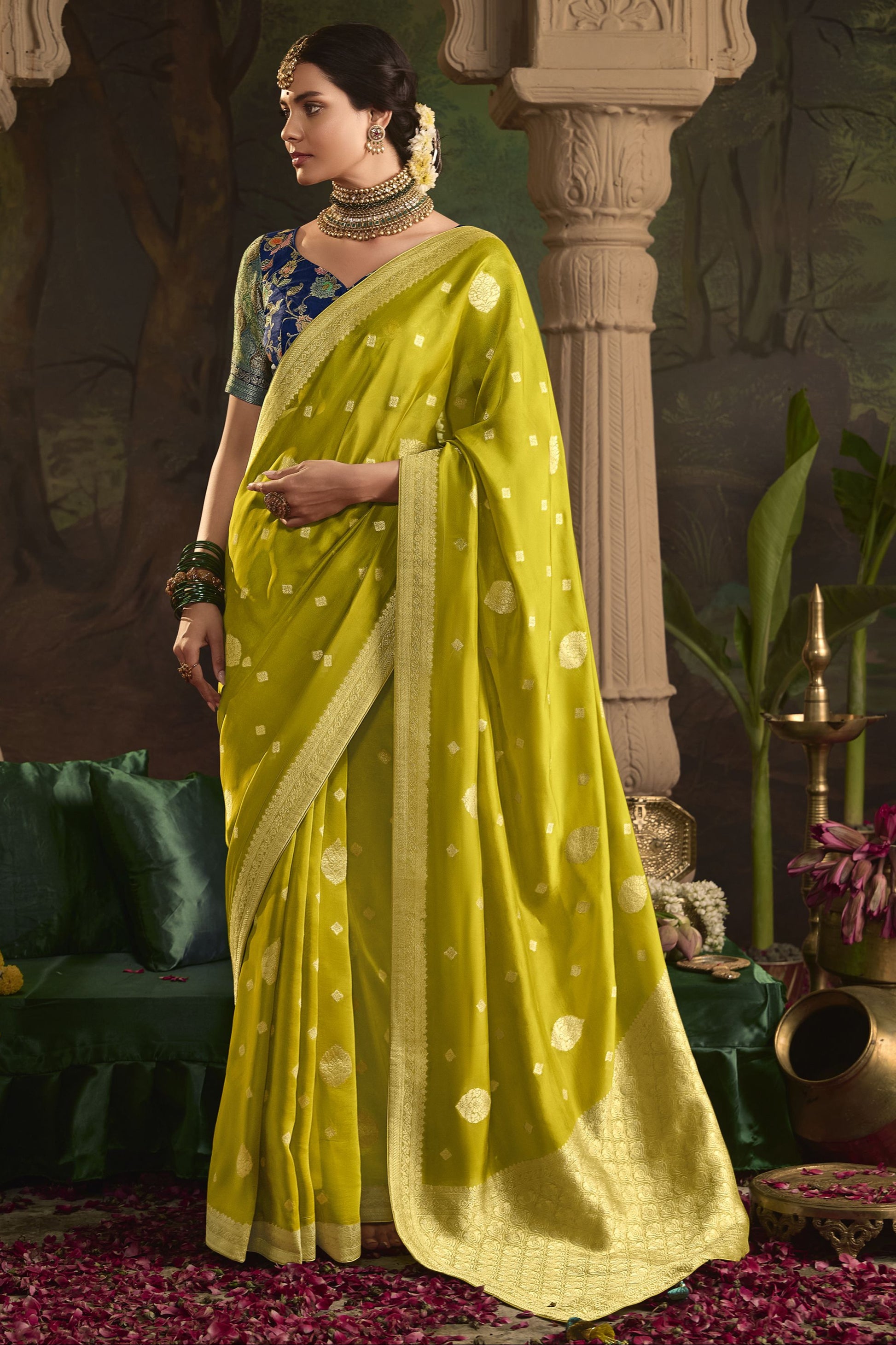 Saree For Desi Events USA Lemon Yellow Color Heavy Sari With Readymade Blouse