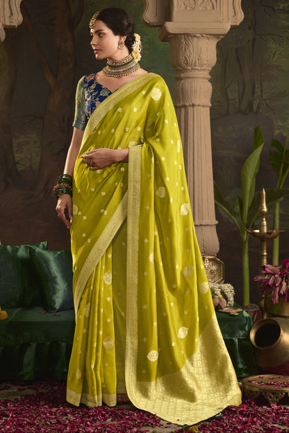 Saree For Desi Events USA Lemon Yellow Color Heavy Sari With Readymade Blouse