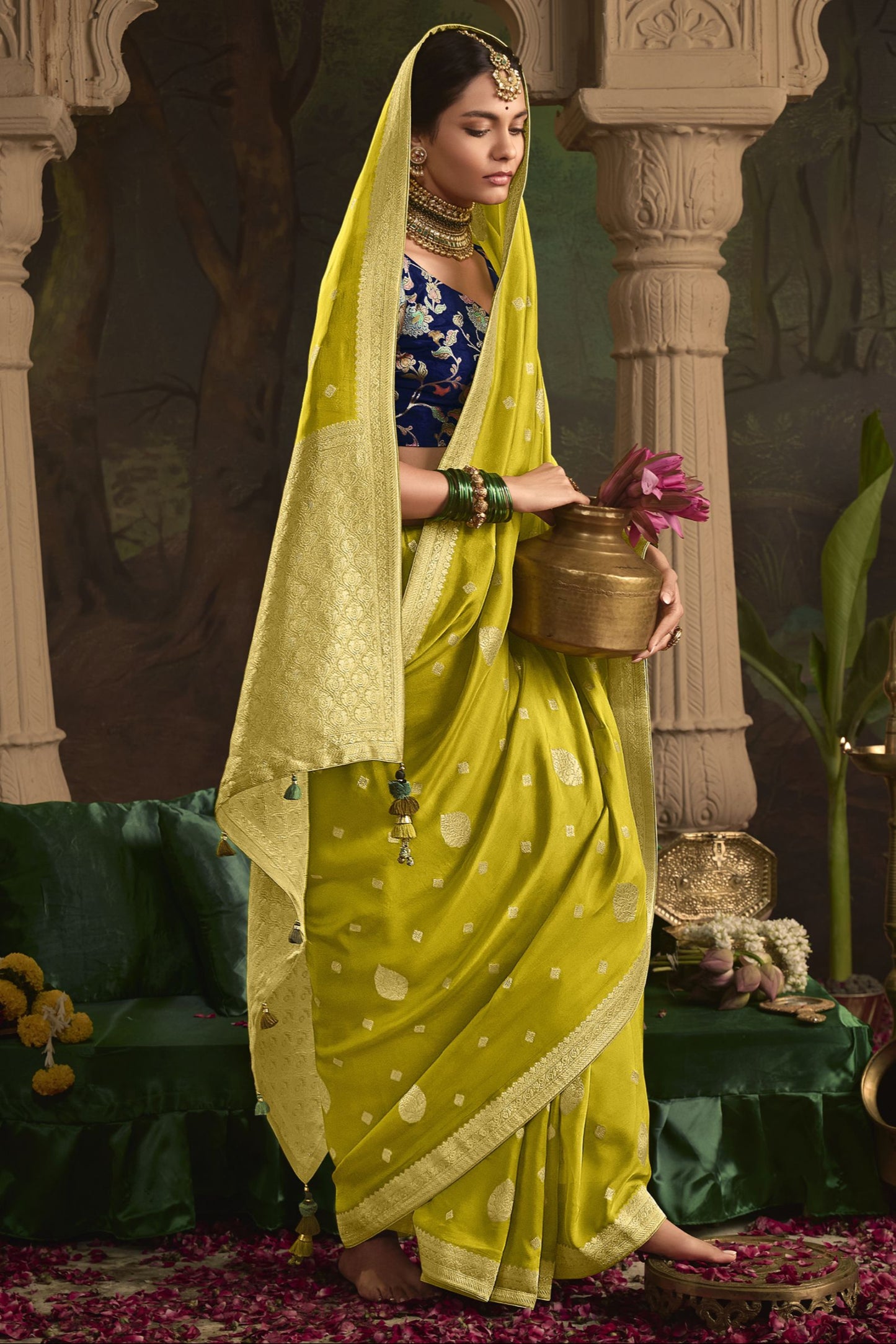 Saree For Desi Events USA Lemon Yellow Color Heavy Sari With Readymade Blouse