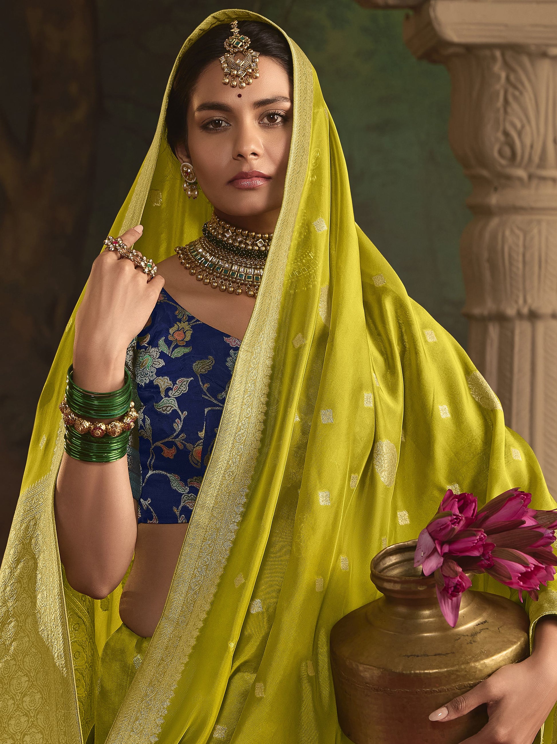 Saree For Desi Events USA Lemon Yellow Color Heavy Sari With Readymade Blouse