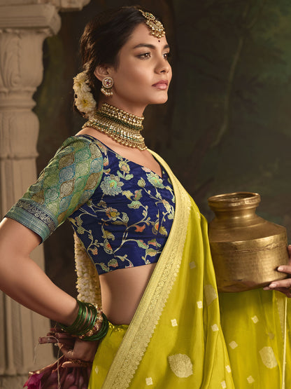 Saree For Desi Events USA Lemon Yellow Color Heavy Sari With Readymade Blouse