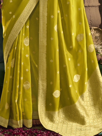 Saree For Desi Events USA Lemon Yellow Color Heavy Sari With Readymade Blouse