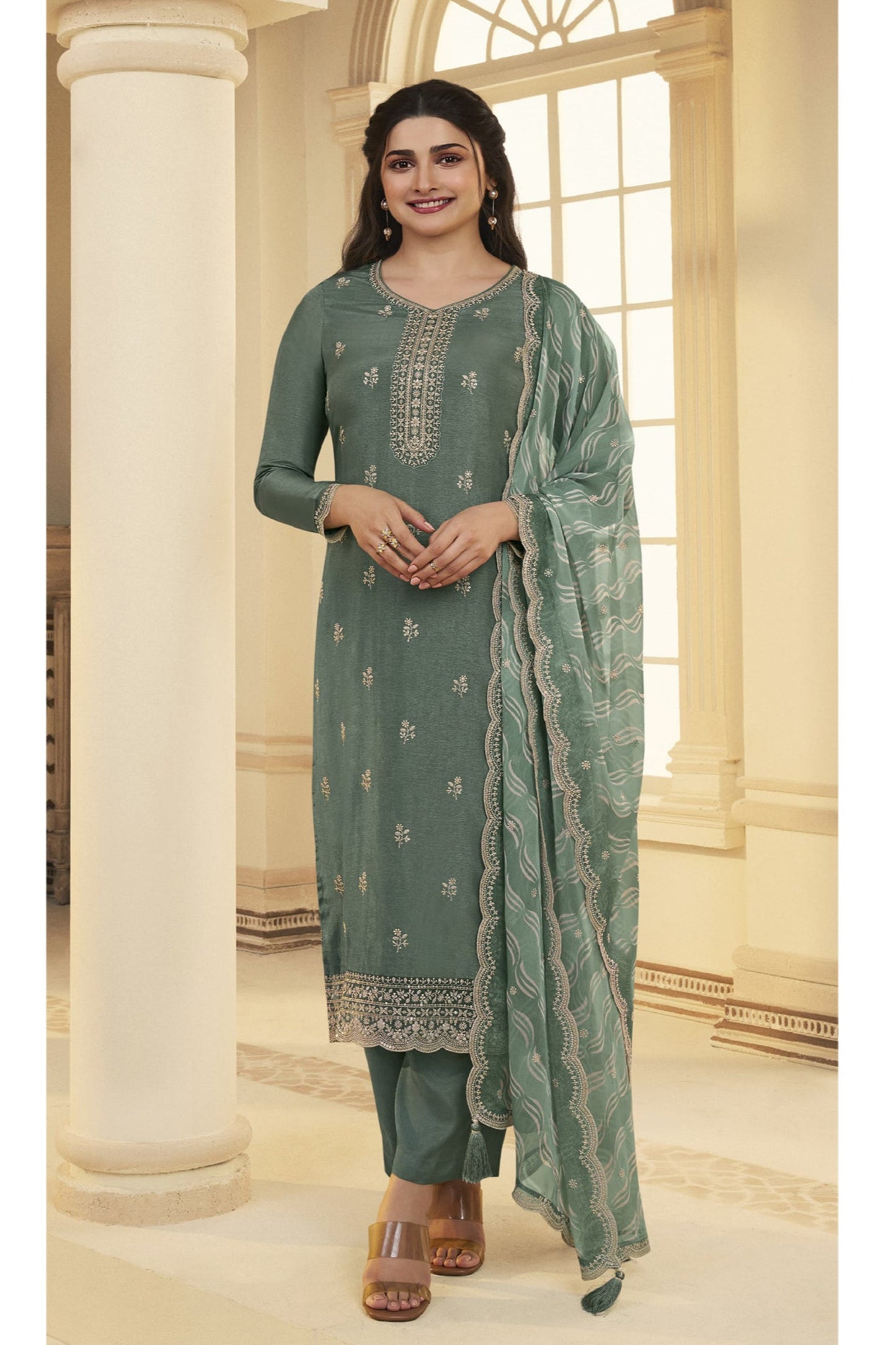 Shalwar Kameez Suit with Embroidered Organza Chiffon Dupatta
