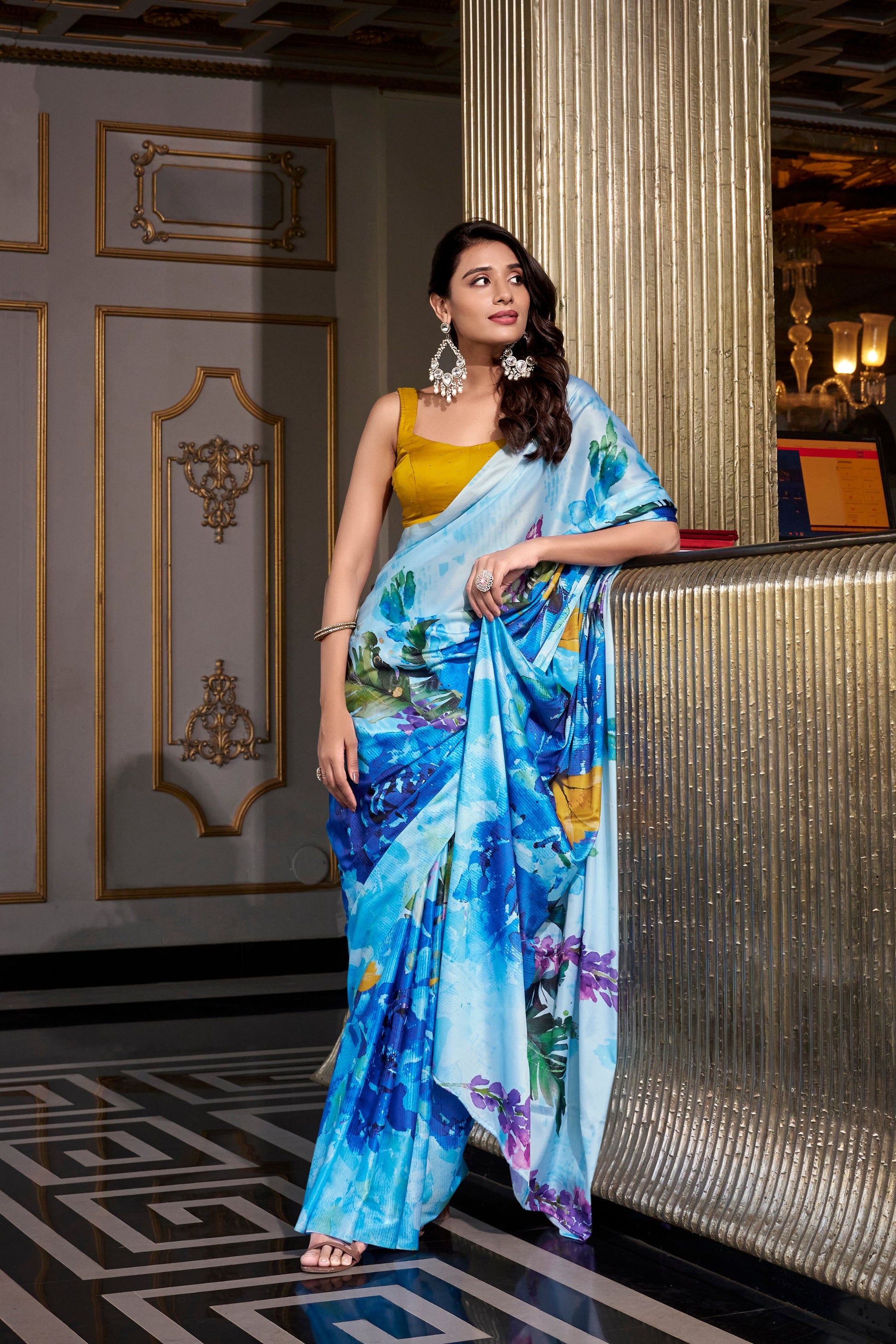Pakistani Saree Stitched Ready to Wear with blouse Amazing Sky Color Designer Silk Sari