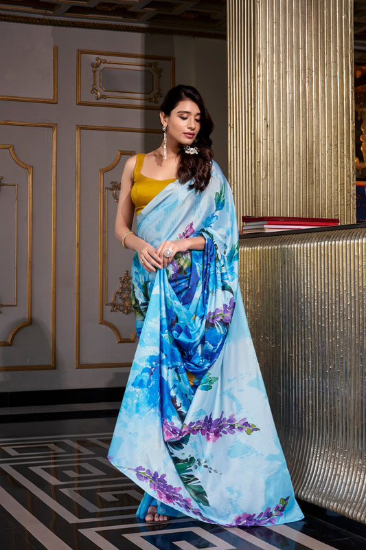 Pakistani Saree Stitched Ready to Wear with blouse Amazing Sky Color Designer Silk Sari