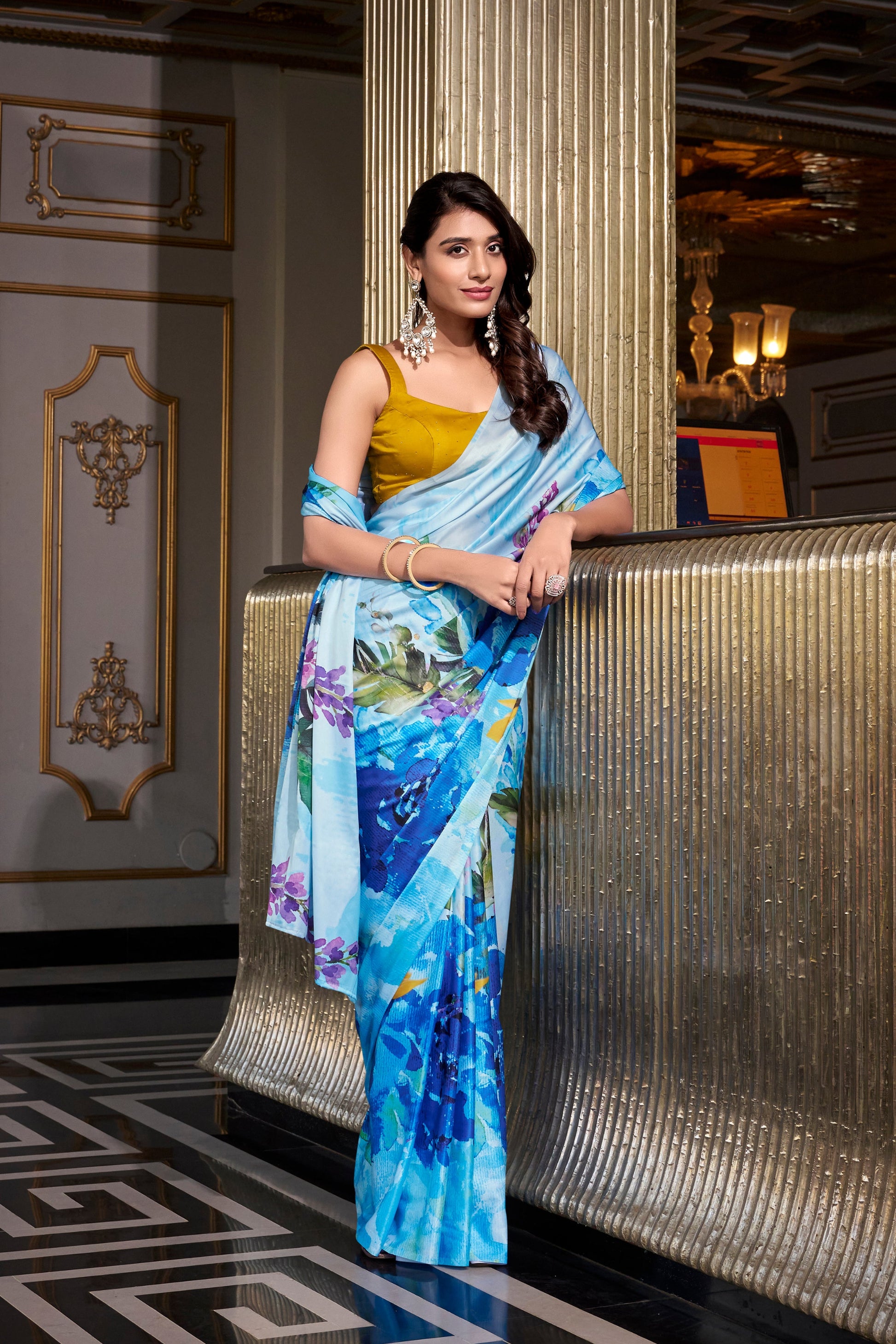 Pakistani Saree Stitched Ready to Wear with blouse Amazing Sky Color Designer Silk Sari