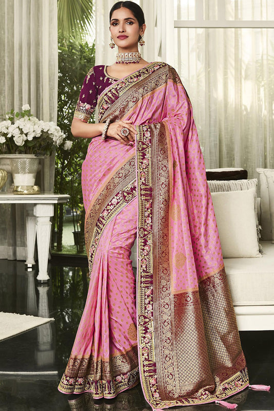 Stunning Pink Color Embroidered Border Work Party Style Dola Saree