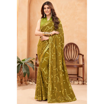 Olive Green Color Gorgette Fabric Sequins Work Party Wear Saree