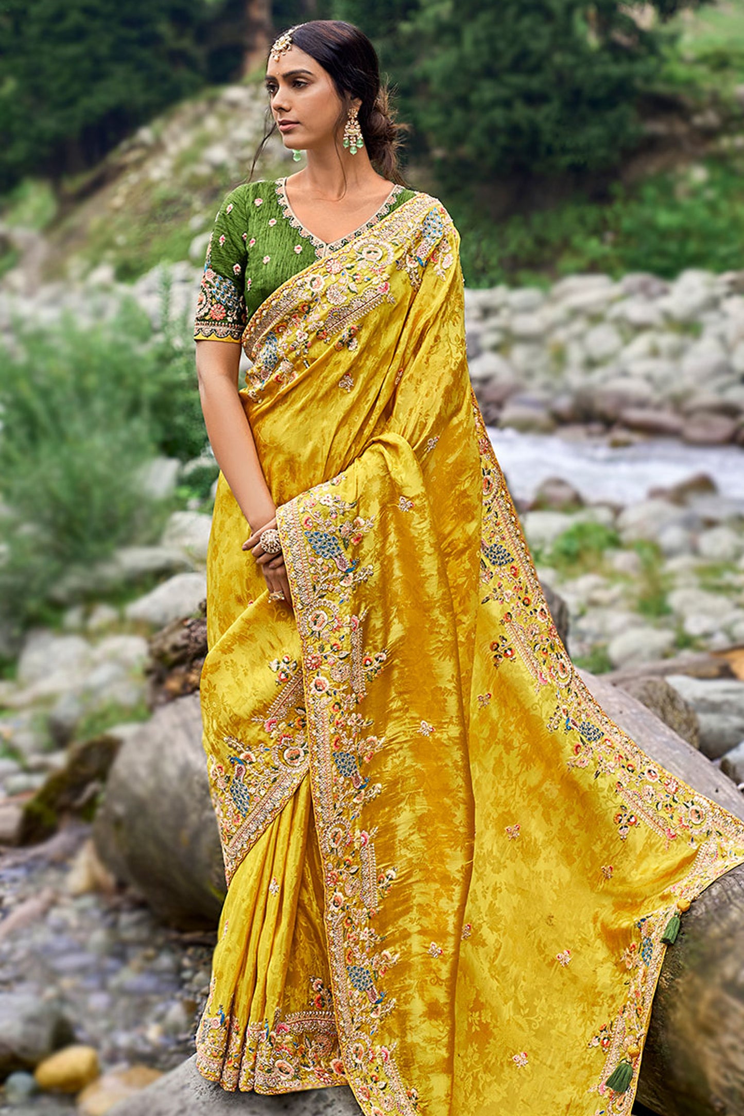 Ravishing Mustard Color Embroidery Work Designer Silk Fabric Festival Wear Saree