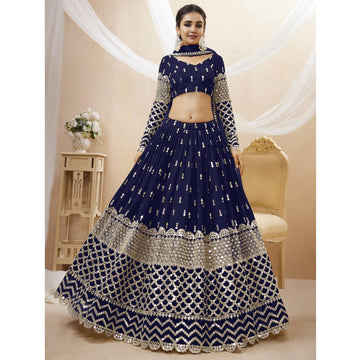 Excellent Navy Blue Color Georgette Fabric Sequins Work Wedding Party Wear Lehenga Choli