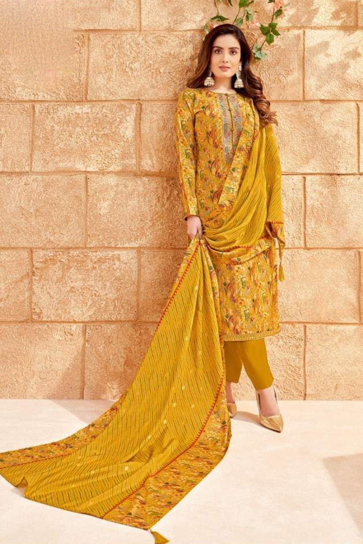 Pakistani Designer Foil Printed With Neck Embroidery Work Salwar Kameez Plazzo Pant Suits