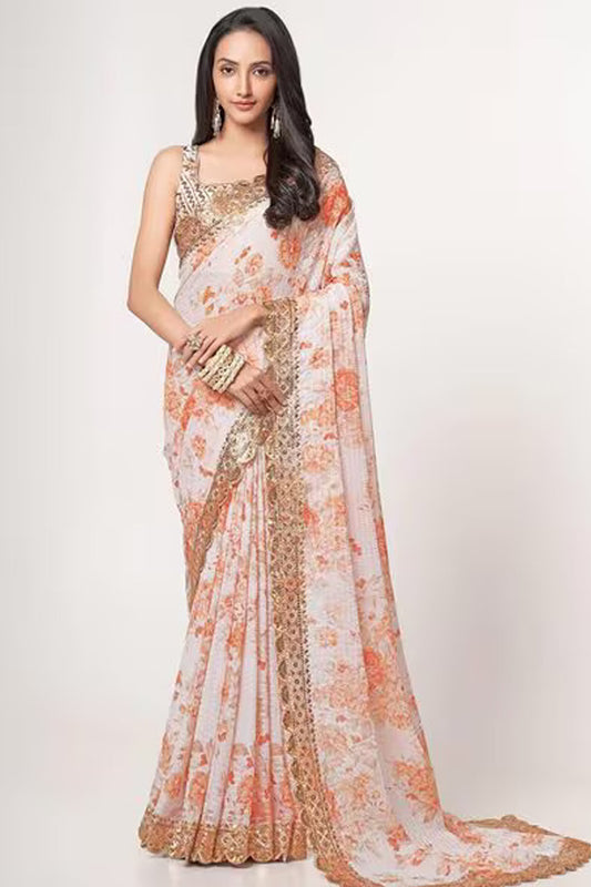 Wonderful White Floral Printed Embroidery Work Saree With Stitched Blouse