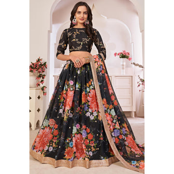 Pakistani Designer Black Color Georgette Fabric Printed Work Wedding Party Wear Lehenga Choli