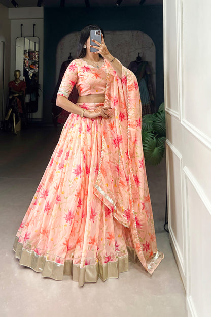 Indian Traditional Style Light Orange Design Floral Printed Lehenga Choli For Wedding Function
