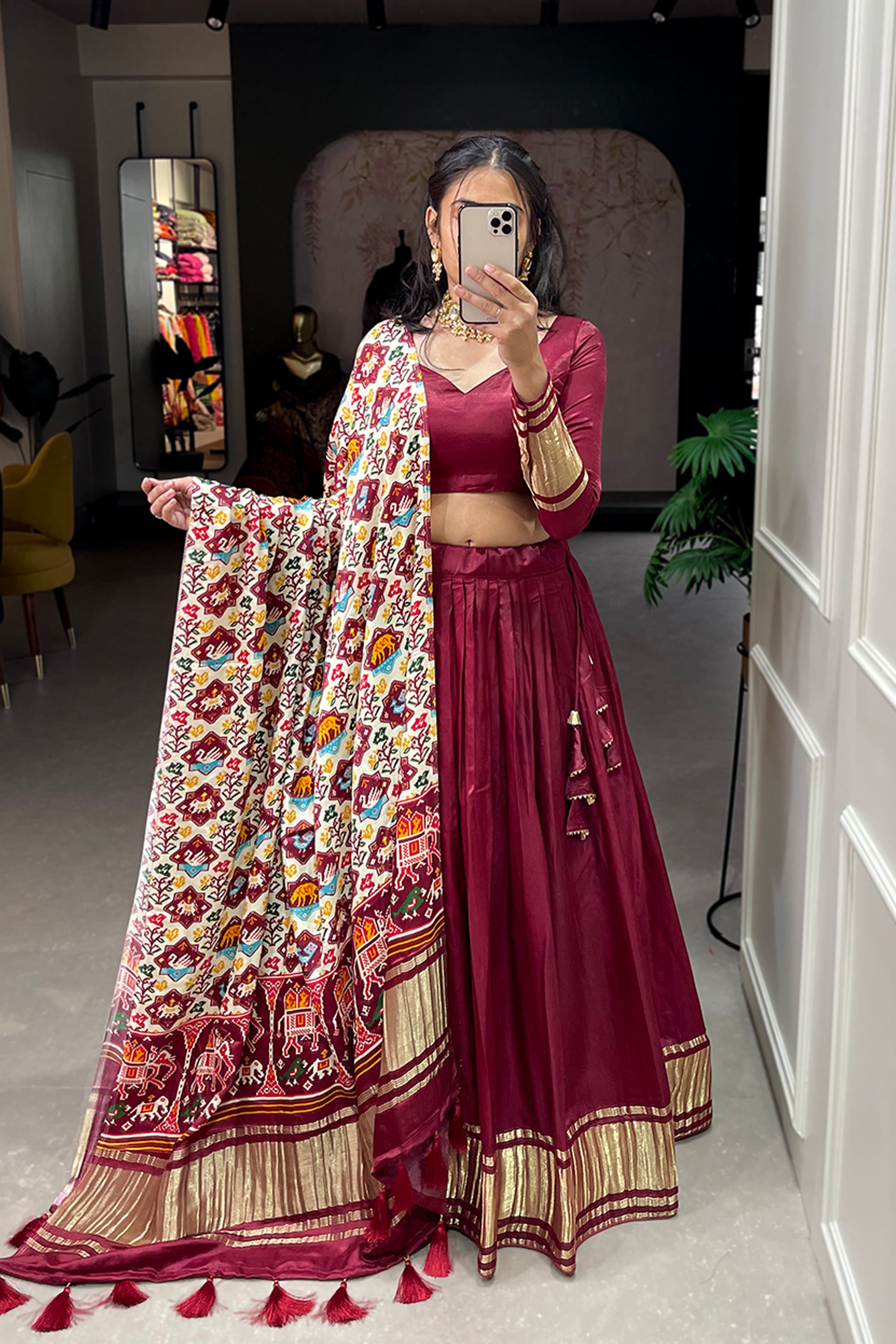 Red Color Readymade Bandhej Patola Lehenga Choli For Eid Wear