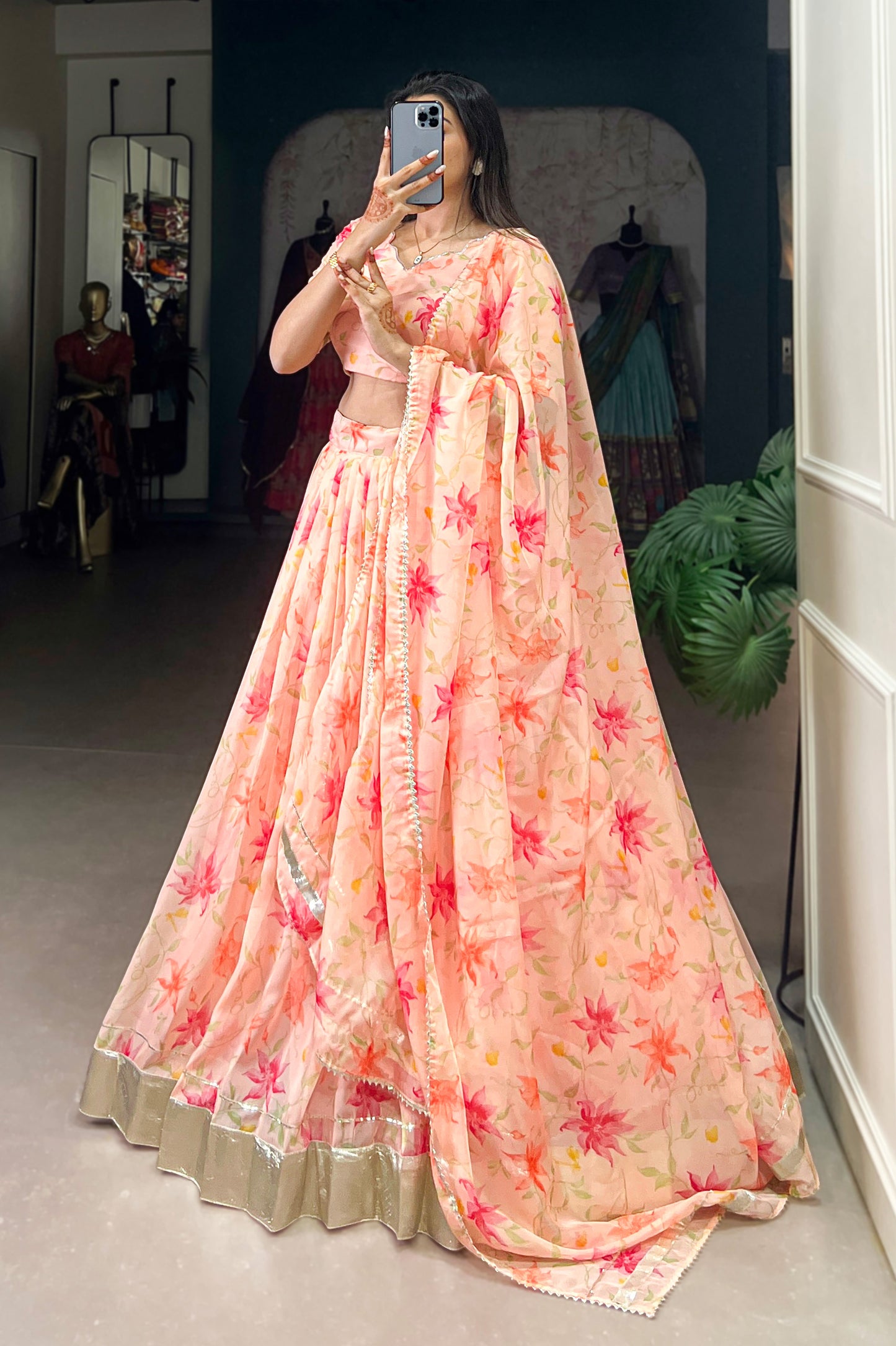 Indian Traditional Style Light Orange Design Floral Printed Lehenga Choli For Wedding Function
