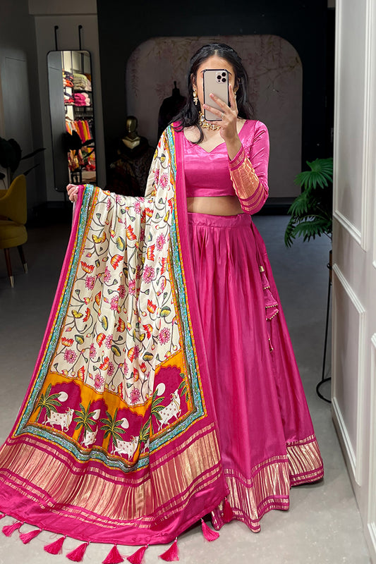 Designer Pink Gaji Silk Bandhej Patola Printed Wedding Lehenga Choli