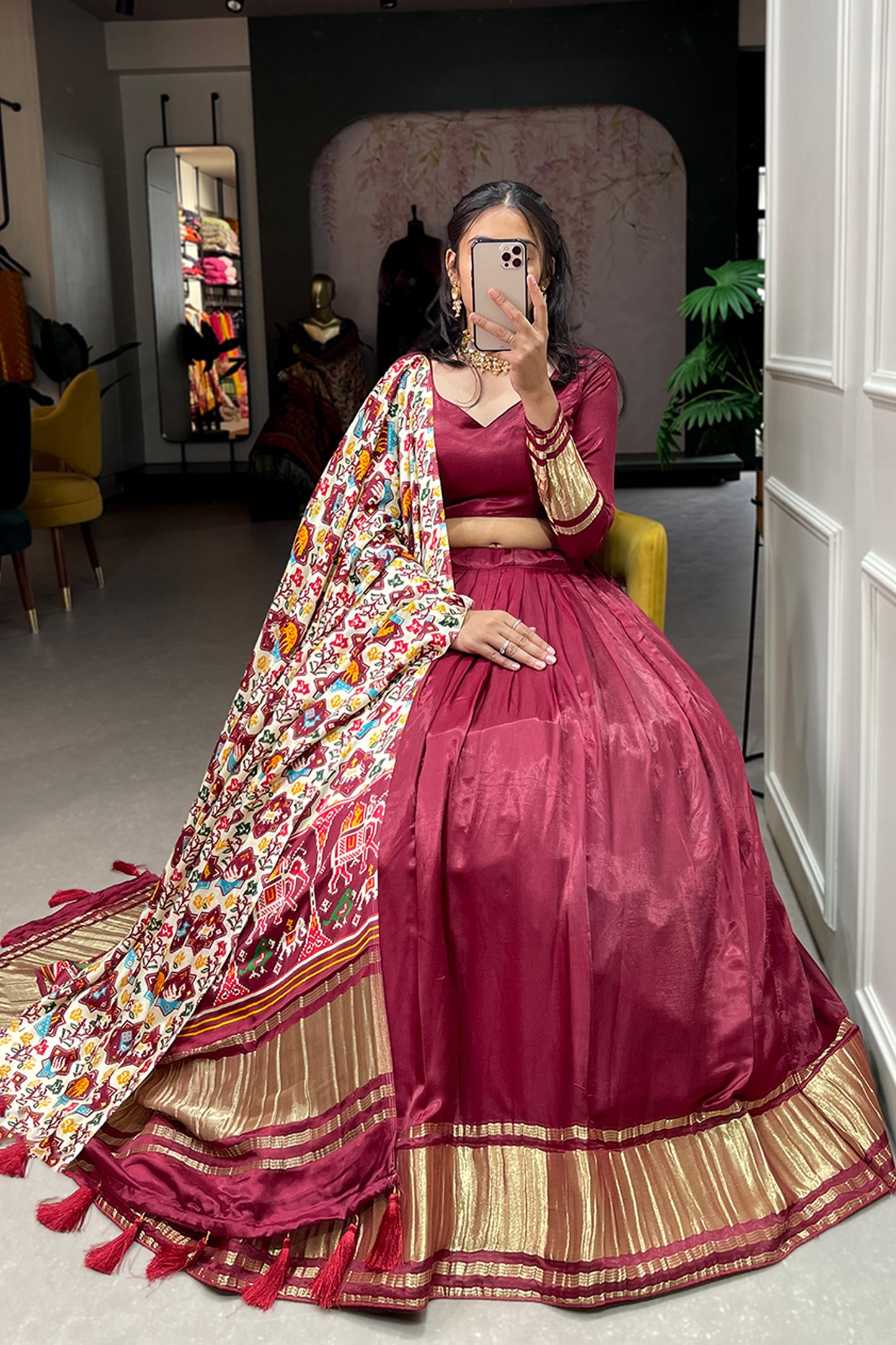 Red Color Readymade Bandhej Patola Lehenga Choli For Eid Wear