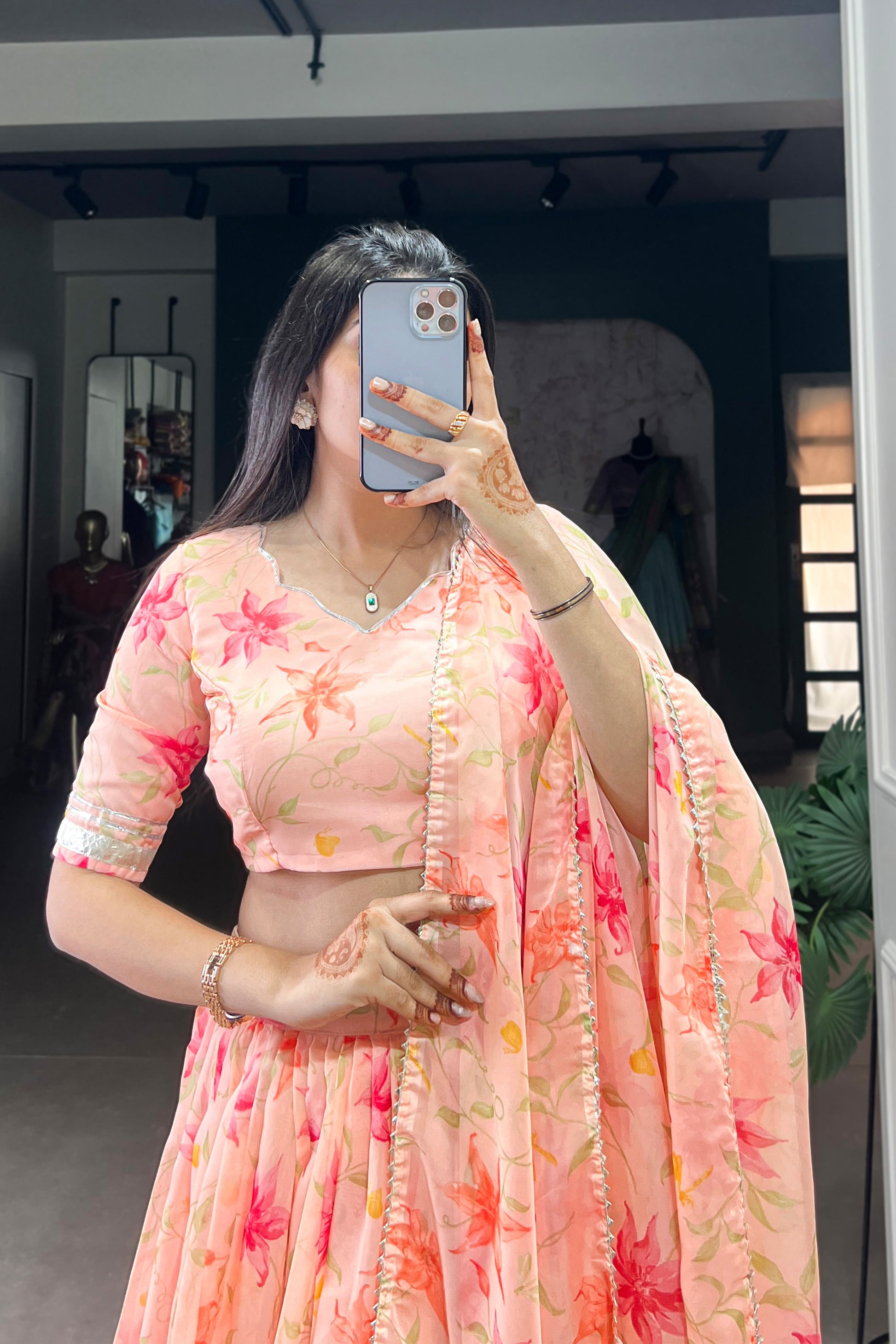 Indian Traditional Style Light Orange Design Floral Printed Lehenga Choli For Wedding Function
