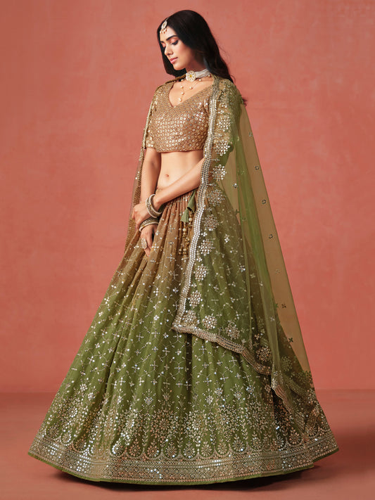 New Olive Green Color Sequins Work Sangeet Function Wear Lehenga Choli