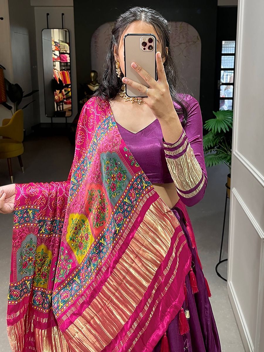 Purple Color Gaji Silk Fabric Navratri Wear Lehenga Choli With Dupatta

