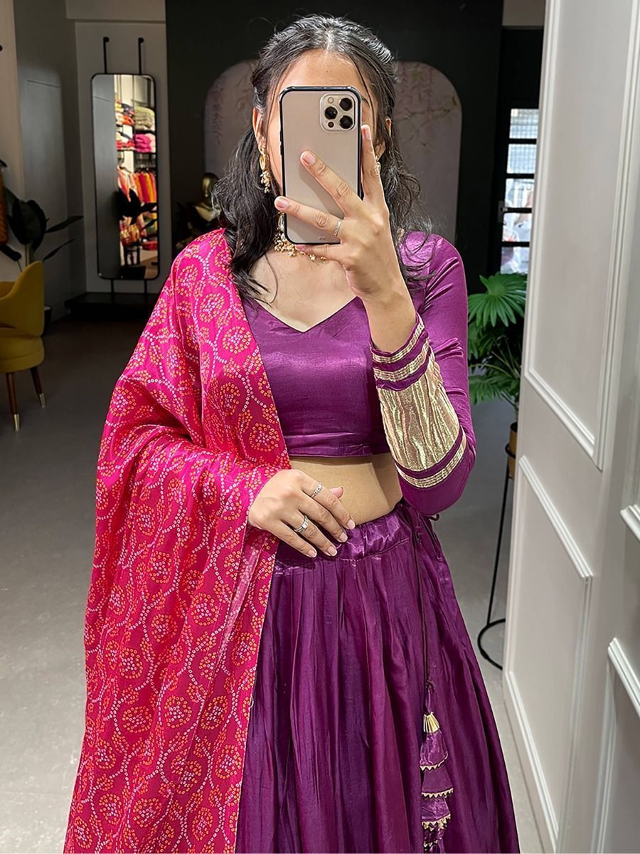 Purple Color Gaji Silk Fabric Navratri Wear Lehenga Choli With Dupatta
