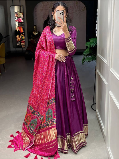 Purple Color Gaji Silk Fabric Navratri Wear Lehenga Choli With Dupatta
