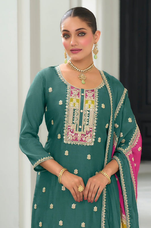 Luxury Shalwar Kameez Pant Suit with Heavy Chinon Top & Embroidered Silk Bottom