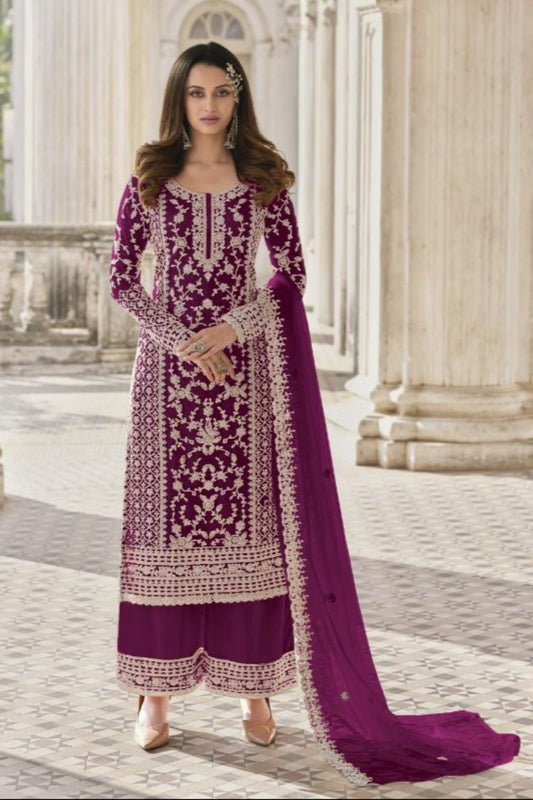 Nikah Wear Wine Color Salwar Kameez Suits Butterfly Net Plazzo Suits
