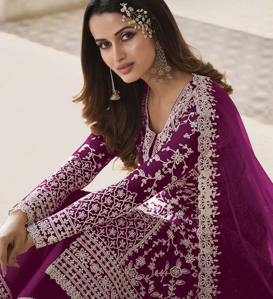 Nikah Wear Wine Color Salwar Kameez Suits Butterfly Net Plazzo Suits