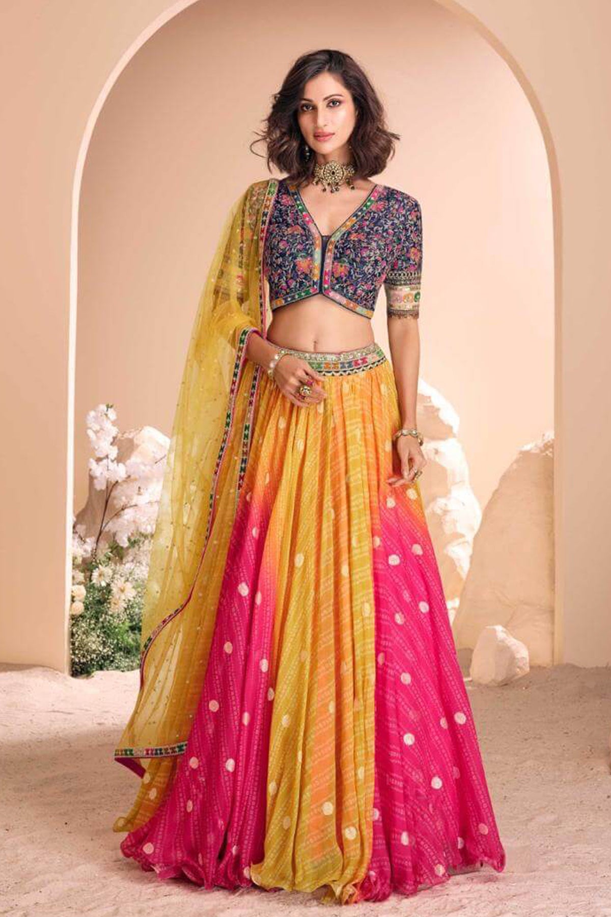 Multicolor Lehenga Choli for Women with Net Dupatta - Yellow Pink Ombre Lehenga, Navy Embroidered Choli - Wedding, Haldi & Sangeet