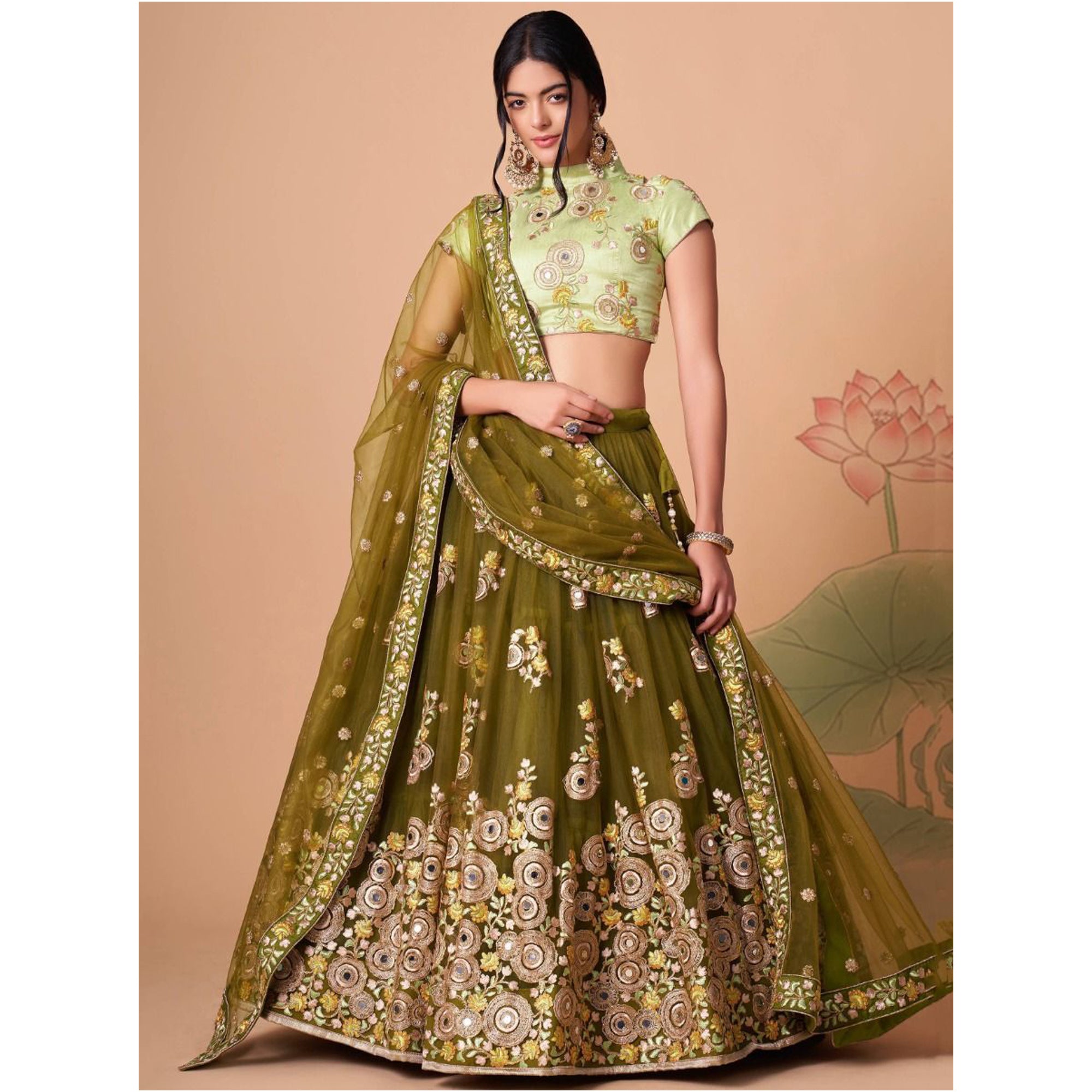 Olive Green Color Embroidery & Sequin Work Custom Stitched Lehenga Choli With Net Dupatta