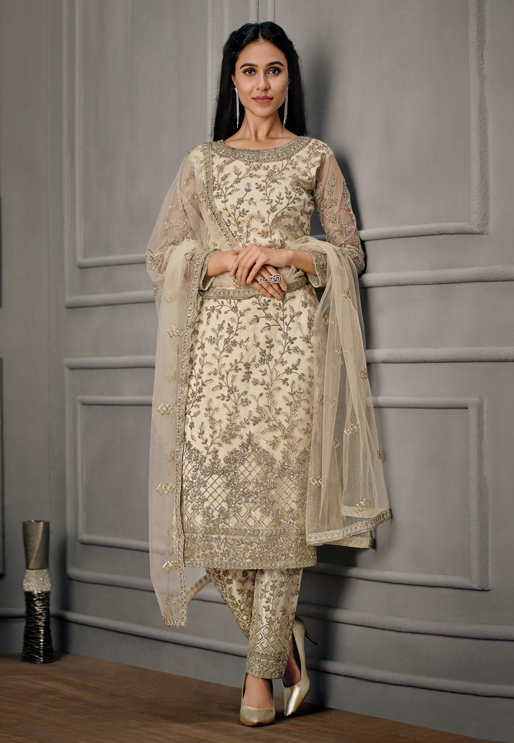 White Color Eid Ramadan Wear Salwar Kameez Suits Wonderful Worked Trouser Pant Dress