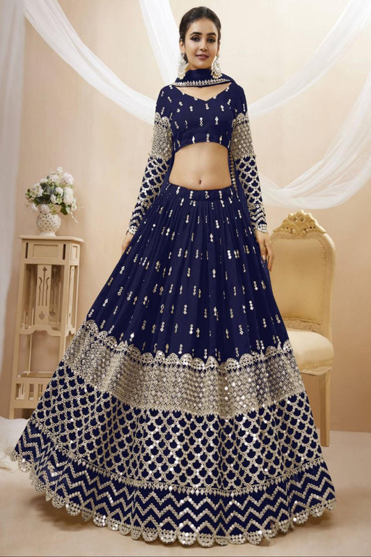 Navy Blue Color Sequins Worked Wedding Wear Georgette Lehenga Choli
