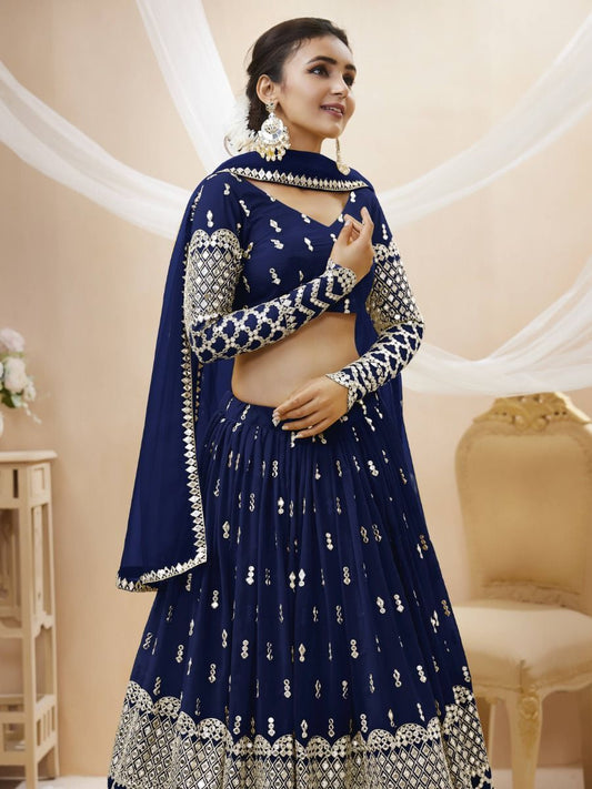 Navy Blue Color Sequins Worked Wedding Wear Georgette Lehenga Choli
