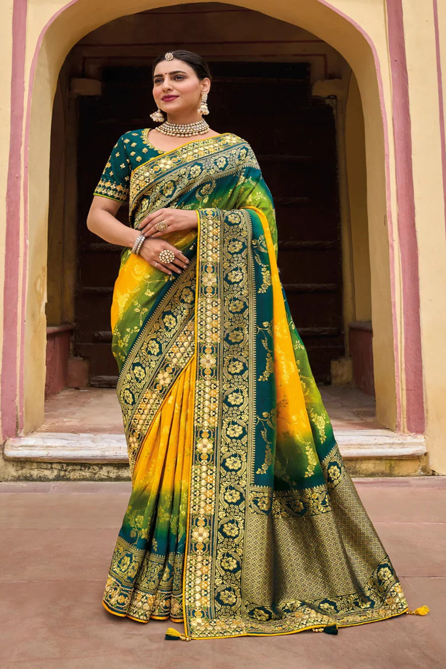 Ready To Wear Yellow Green  Color Designer Indian Wedding Saree