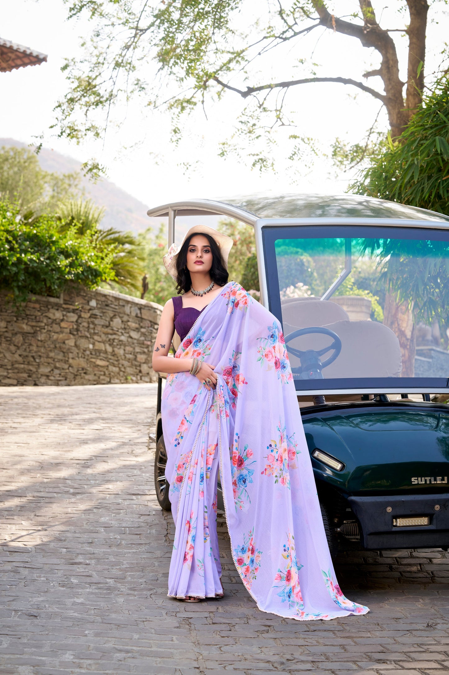 Party Wear Women Floral Saree Blouse Gorgeous Lavender Bollywood Style Sari 