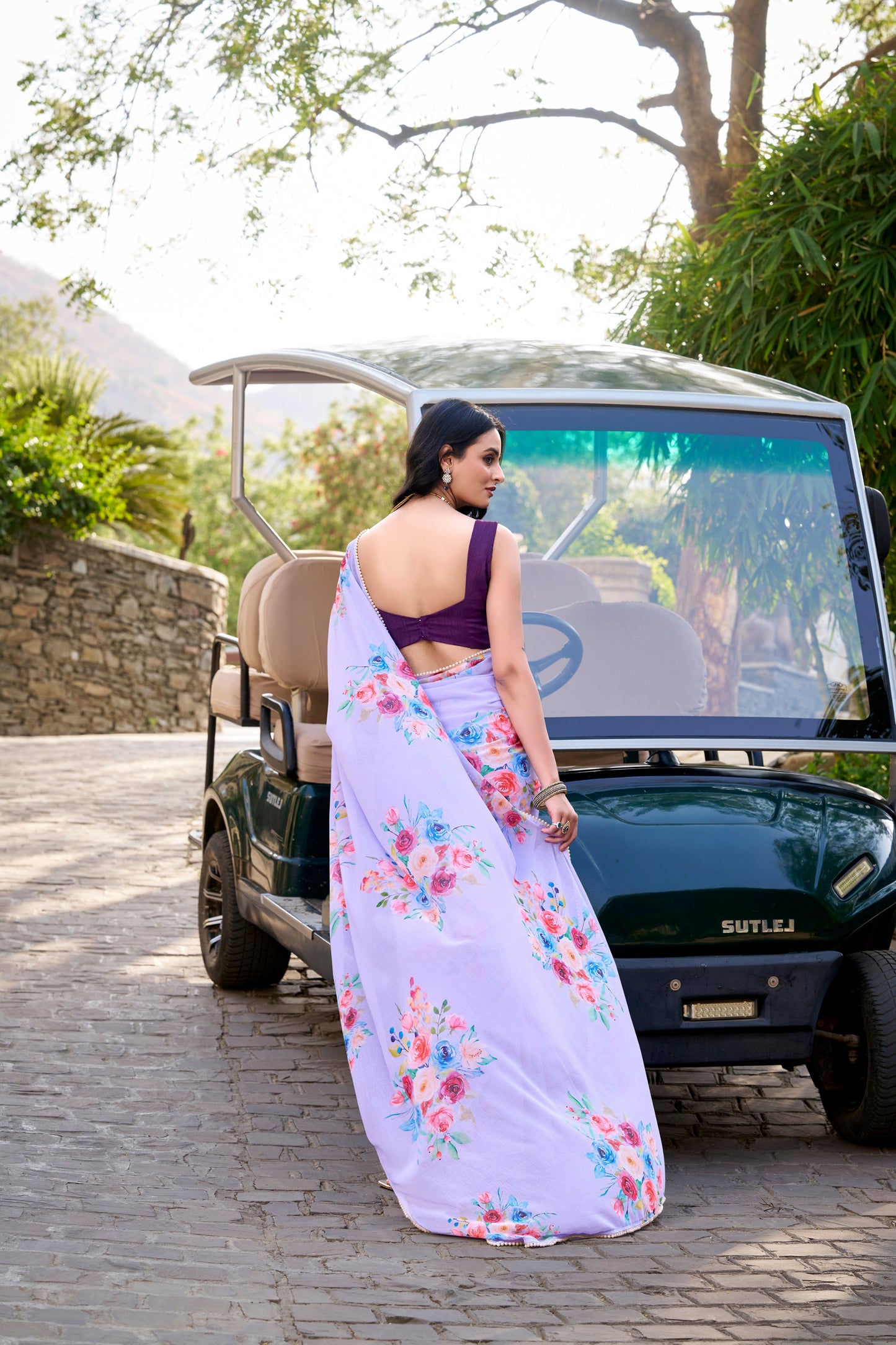 Party Wear Women Floral Saree Blouse Gorgeous Lavender Bollywood Style Sari 