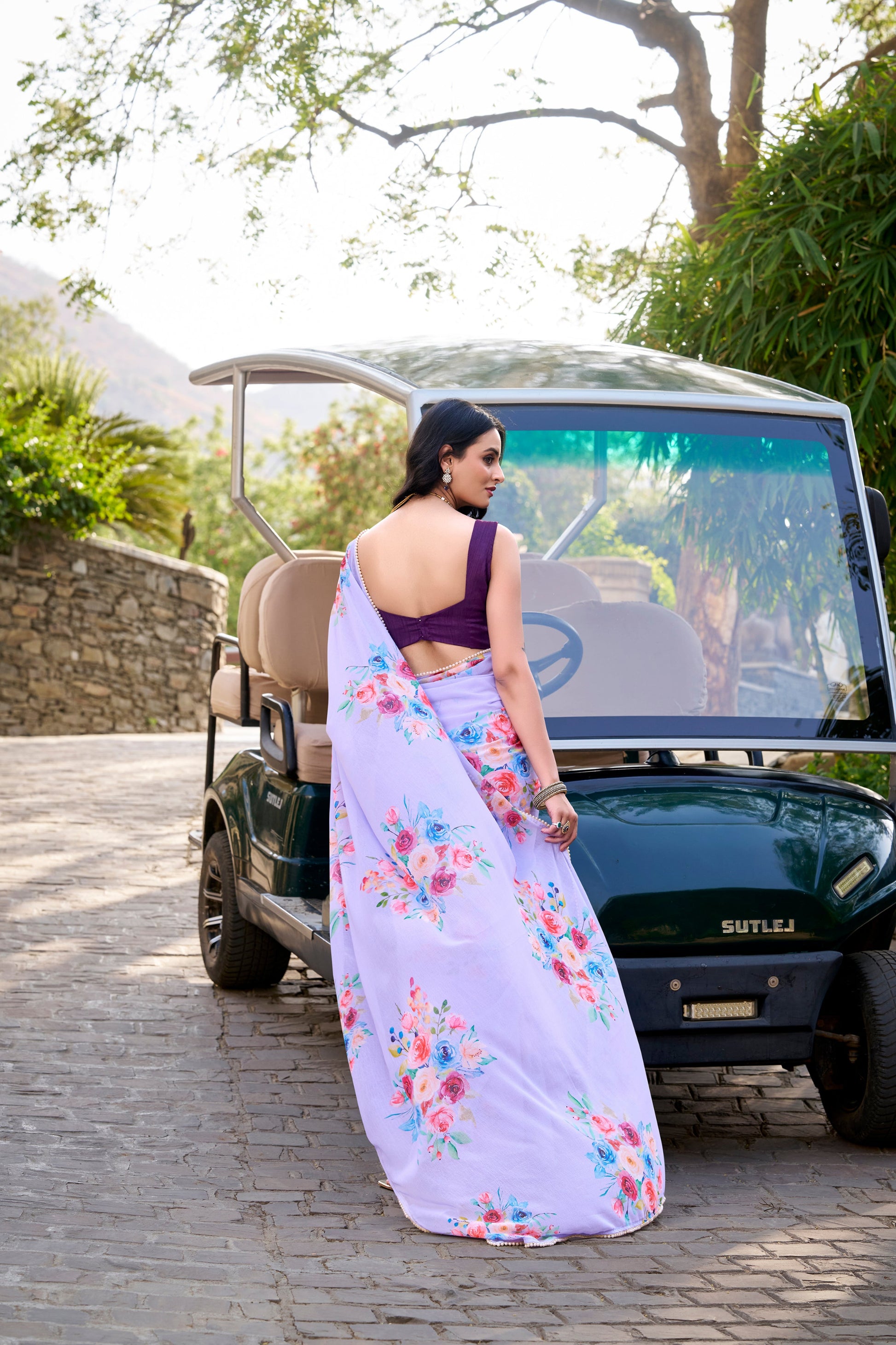 Party Wear Women Floral Saree Blouse Gorgeous Lavender Bollywood Style Sari 