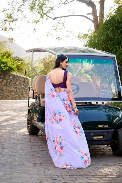 Party Wear Women Floral Saree Blouse Gorgeous Lavender Bollywood Style Sari 