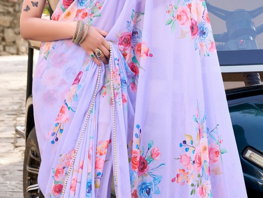 Party Wear Women Floral Saree Blouse Gorgeous Lavender Bollywood Style Sari 