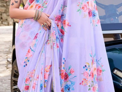 Party Wear Women Floral Saree Blouse Gorgeous Lavender Bollywood Style Sari 