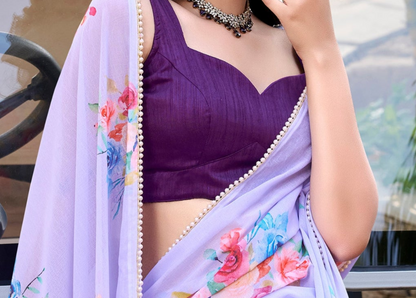 Party Wear Women Floral Saree Blouse Gorgeous Lavender Bollywood Style Sari 