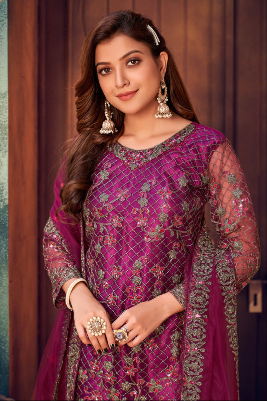 Eid Special Heavy Designer Embroidery Work Net Fabric Trouser Pant Suit
