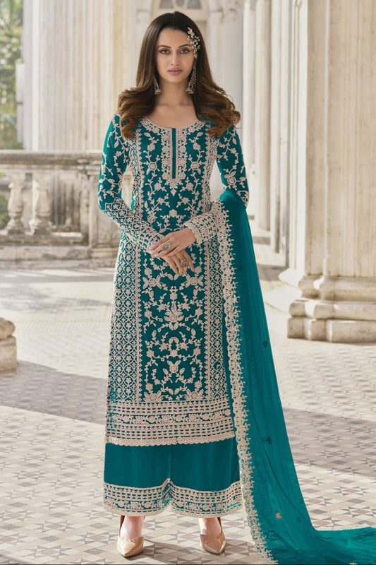 Salwar Kameez Plazo Suit Teal Blue Color Embroidery Cording Work Dress