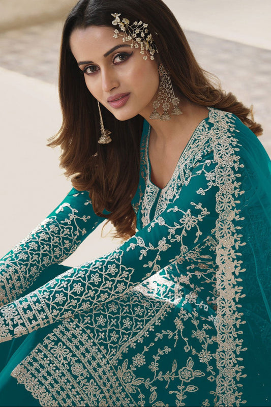 Salwar Kameez Plazo Suit Teal Blue Color Embroidery Cording Work Dress