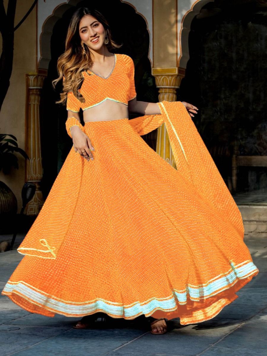 Indian Haldi Ceremony Wear Yellow Lehenga Choli Laheriya Print Worked