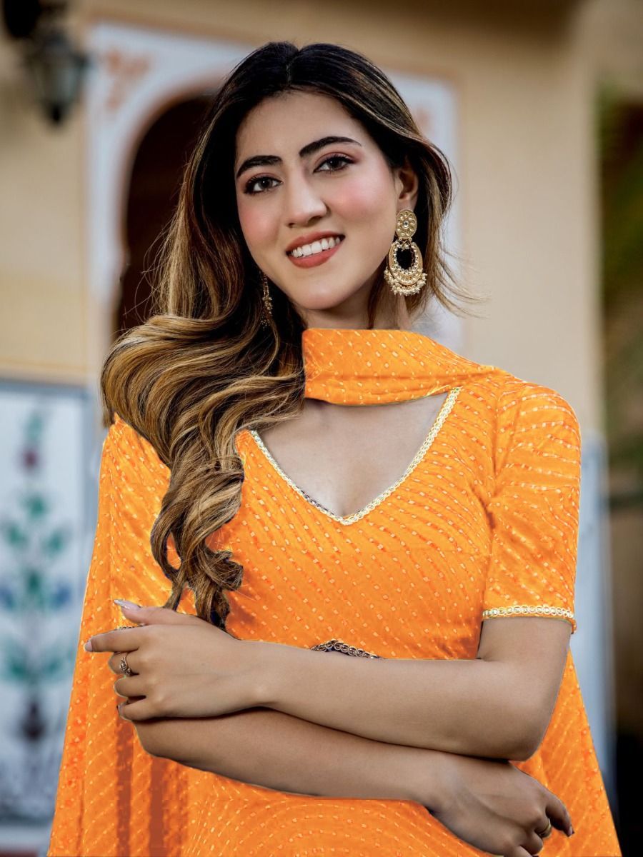 Indian Haldi Ceremony Wear Yellow Lehenga Choli Laheriya Print Worked
