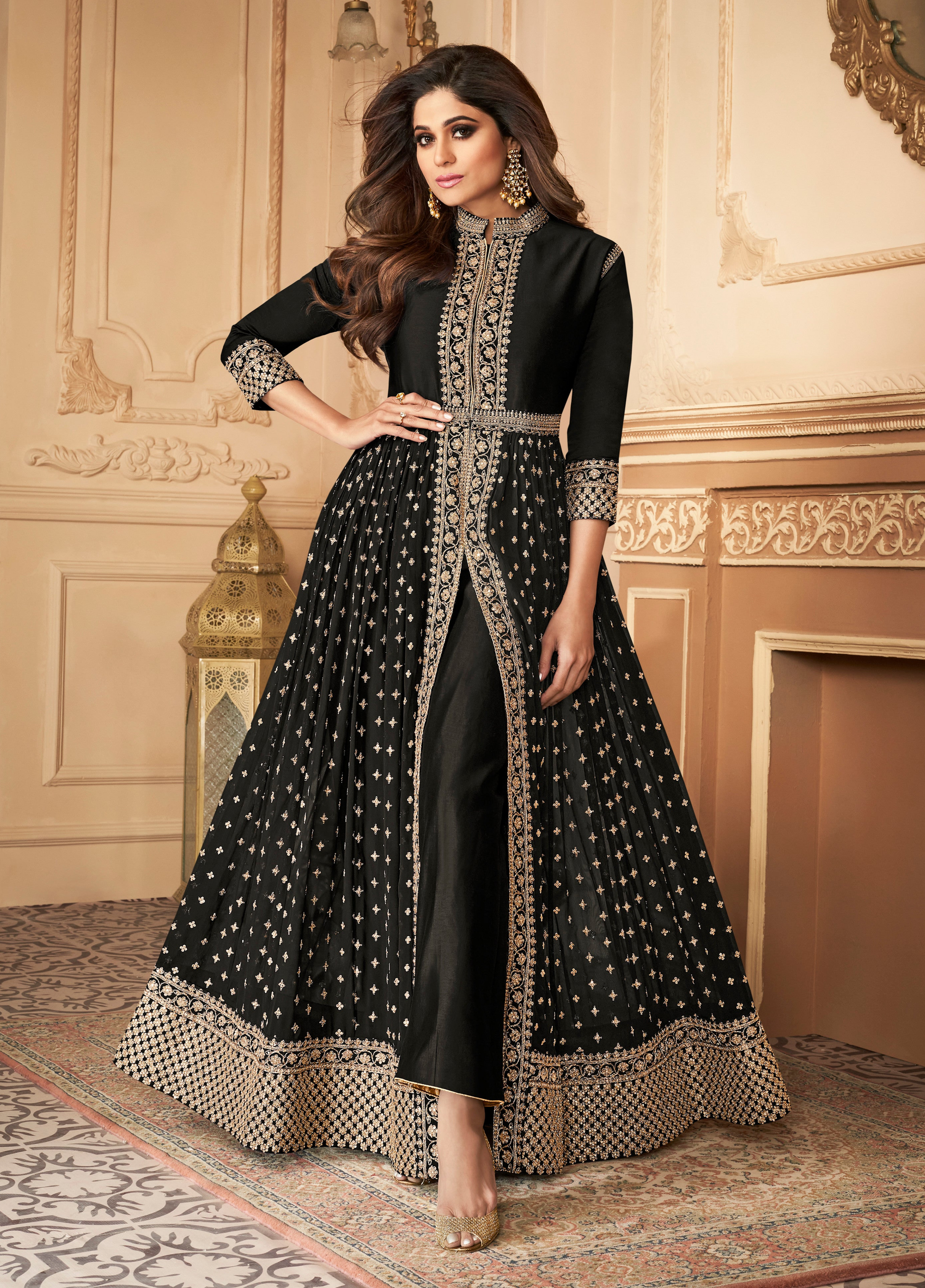 Pakistani Indian Women's Anarkali Gown in Black color / Black / Unstitch Pakistani Indian Women's Anarkali Gown in Black color / Black / Unstitch