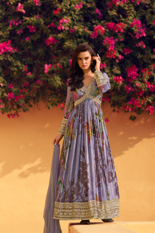 Anarkali Printed Gown Suit With Premium Chinnon Silk Dupatta For USA Customers